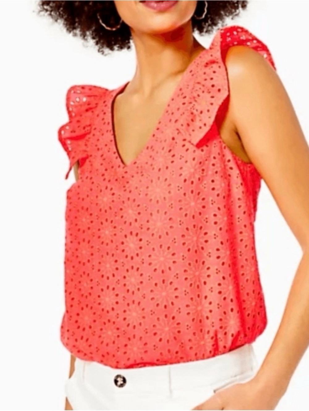 Lilly Pulitzer Women's Coral Eyelet Ruffle V-Neck Top